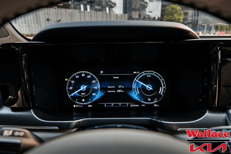 View of drive modes and fuel economy settings inside the 2022 Kia Sorento.