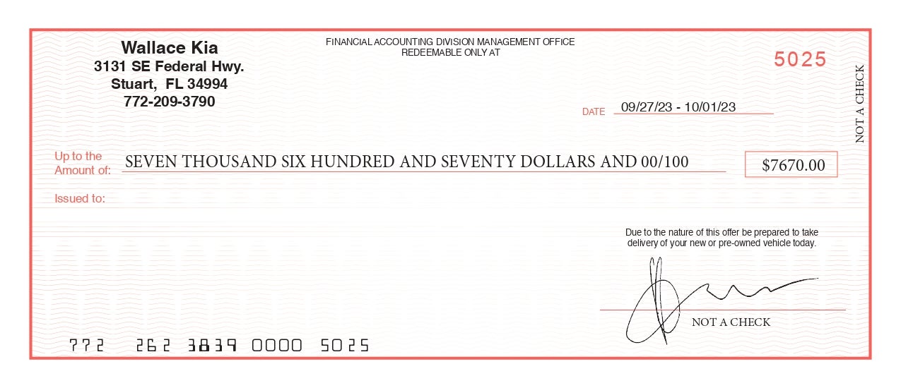 Redeemable at Wallace Kia of Stuart, FL
